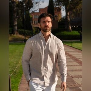 Garnet linen button down long sleeve men shirt man Oat Beige Large